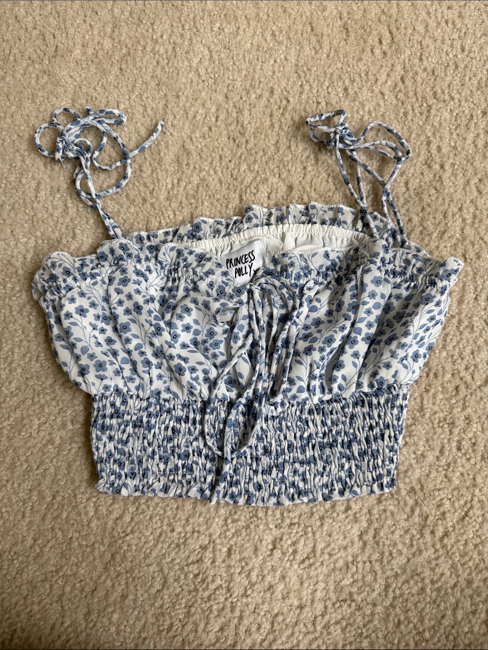 Princess Polly White and Blue Floral Smocked Tie-Strap Crop Top